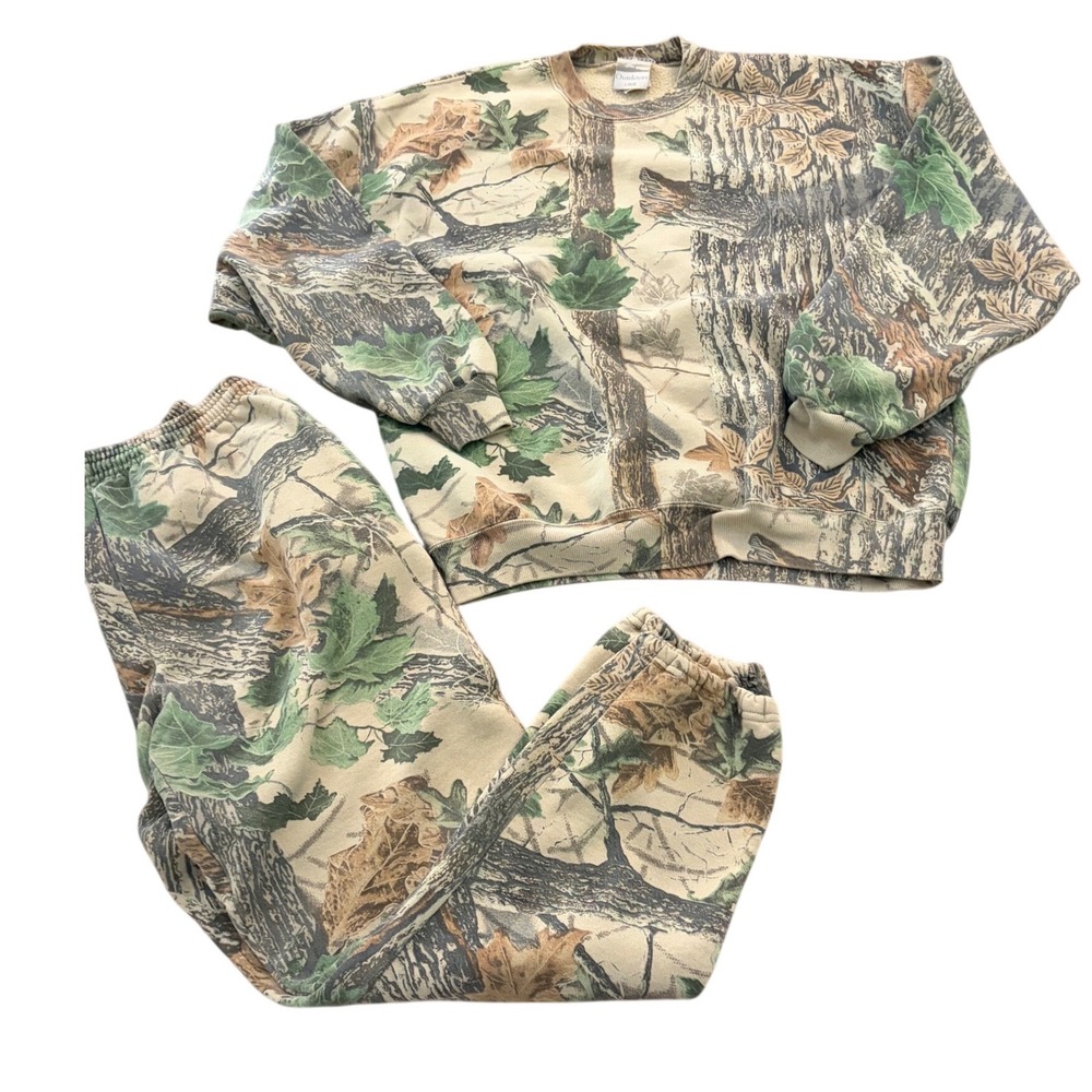 Vintage Jerzees Outdoors Camo Sweatshirt Pants Set Men's Large Fleece Hunting